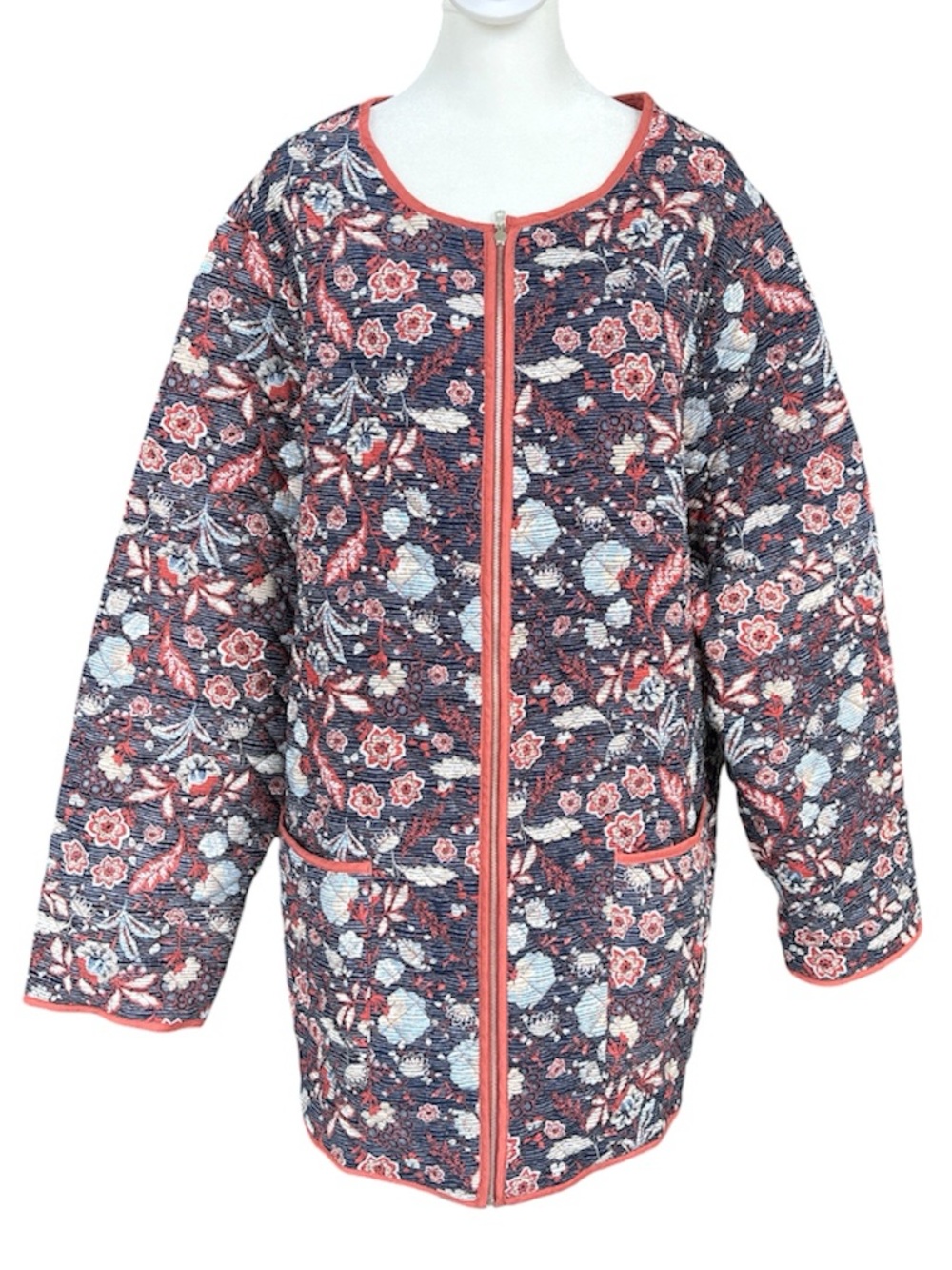 National Reversible Floral Quilted Jacket Navy/Salmon 3X